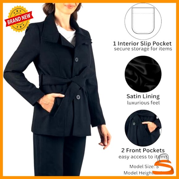 Wool Blend Peacoat Convertible Collar Removable Belt 3-in-1 Versatile Chic - Picture 4 of 7